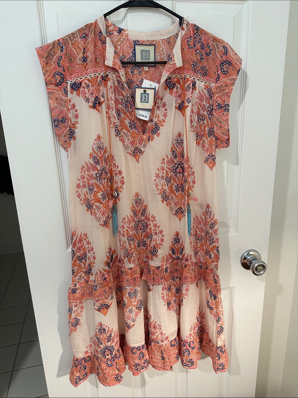 Bell by Alicia Bell Boho-Paisley Peach Midi Dress with Tassel Ties